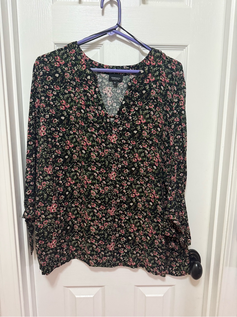 Jones New York Black Blouse with Pink Floral Print